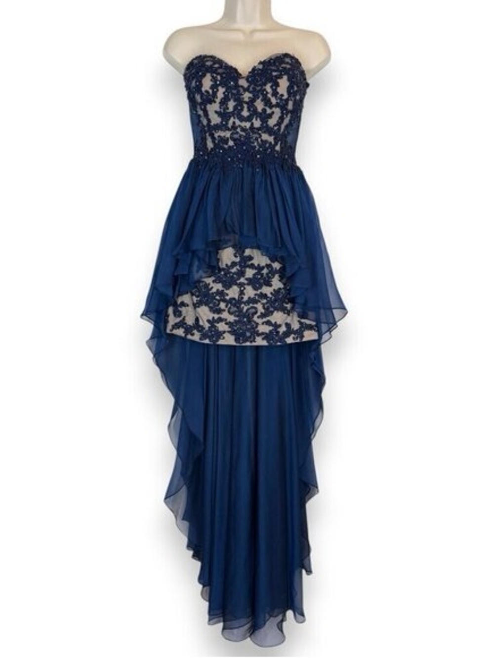 La Femme Navy Blue Strapless High-Low Embroidered Prom Dress